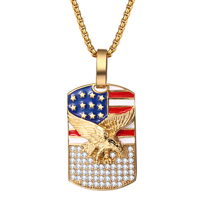 25'' CZ American Eagle USA Flag Patriotic Dog Tag Spiritual Biker Necklace Men