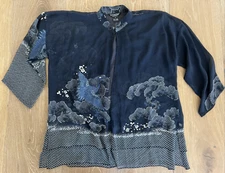 Citron Santa Monica silk Navy Blue open front Cardigan blouse Bird  Medium