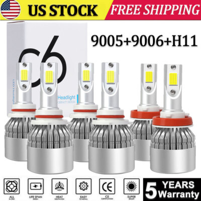 9005 9006 H11 LED Combo Headlight Fog Light Kit High Low Beam Bulbs White 6000K