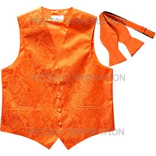New Men's Vest Tuxedo Waistcoat free style self-tie Bowtie paisley formal orange