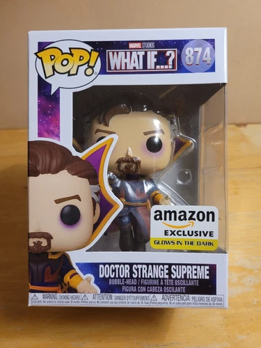 Funko Pop! Marvel: ¿Qué pasaría si...? Dr. Strange Supreme #874 Brillow Amazon GITD en mano