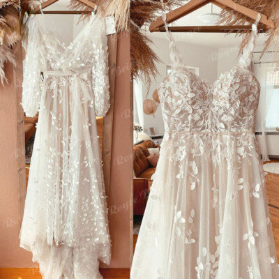 Boho Wedding Dresses Spaghetti Straps Lace Appliques A Line Beach Gowns  Custom | eBay