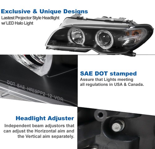For 04-06 BMW E46 3 Series 2Dr LED Halo Projector Headlights Headlamp Lamp Black - Picture 4 of 11