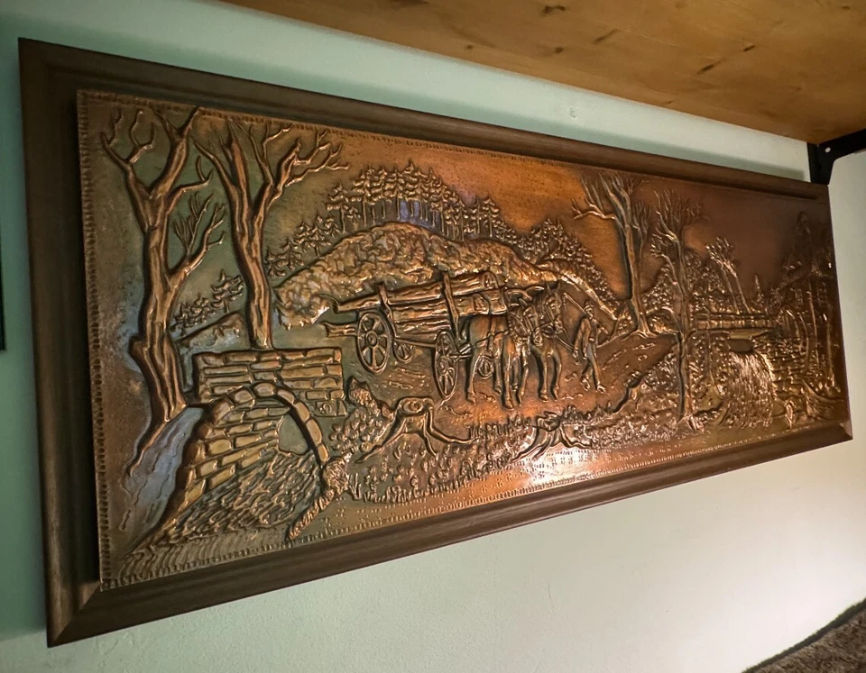 70 er Jahre großes dreidimensionales Kupferbild mit echtem Holzrahmen 147x47 cm - Bild 3 von 4