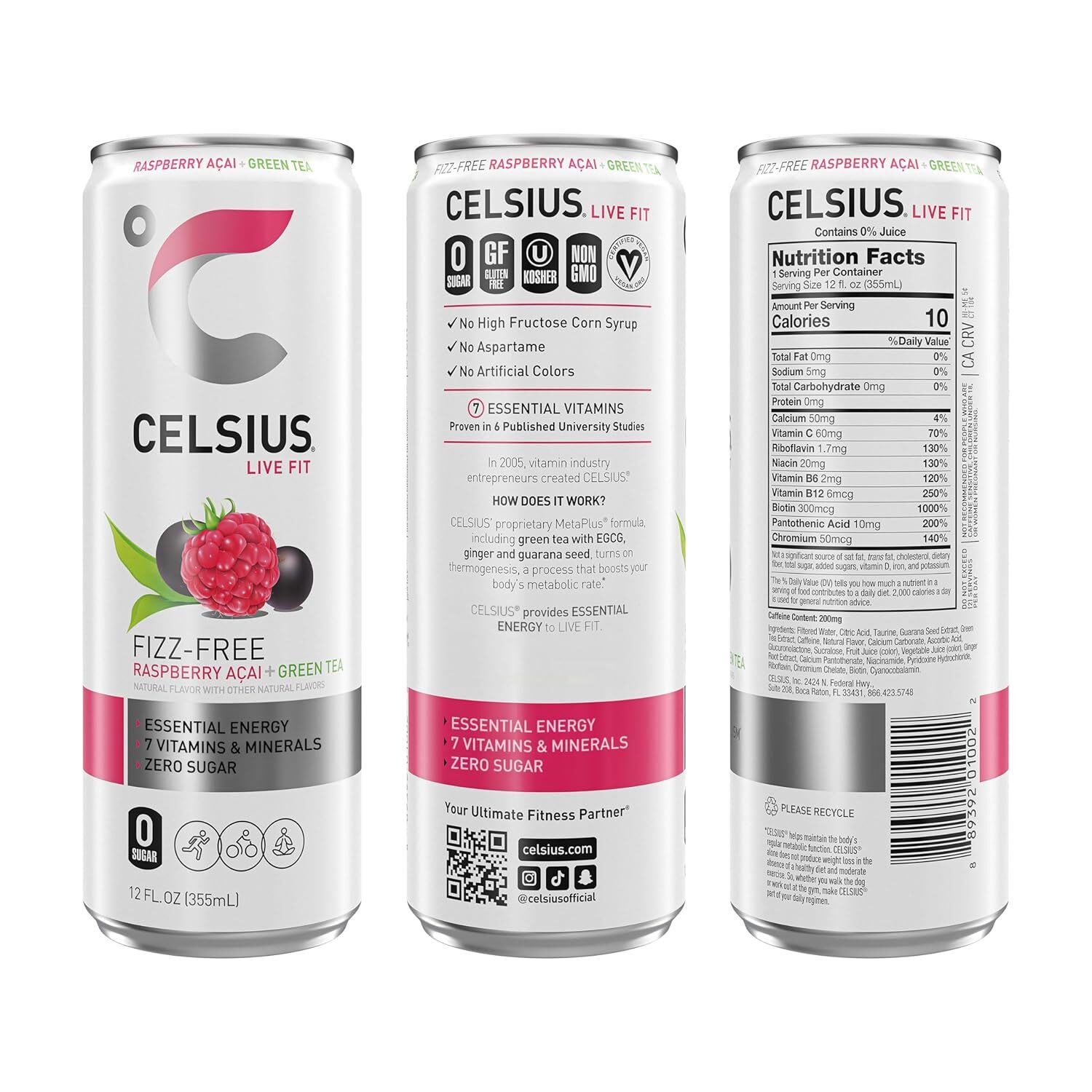 CELSIUS Raspberry Acai Green Tea, Functional Essential Energy Drink 12 Fl, 12 Ct
