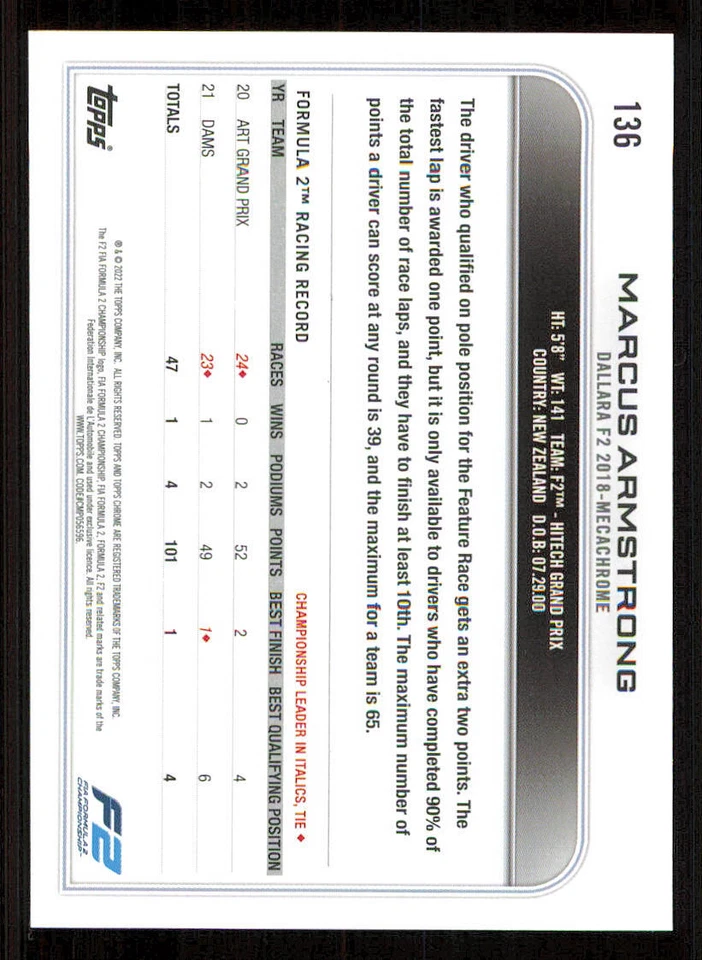 2022 Topps Chrome Formula 1 #136 Marcus Armstrong CAR - Image 2 of 2