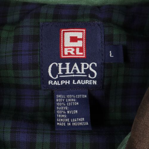 Chaps Ralph Lauren Green Bomber Jacket Men's Large Full Zip Leather Collar Patch - Picture 8 of 17