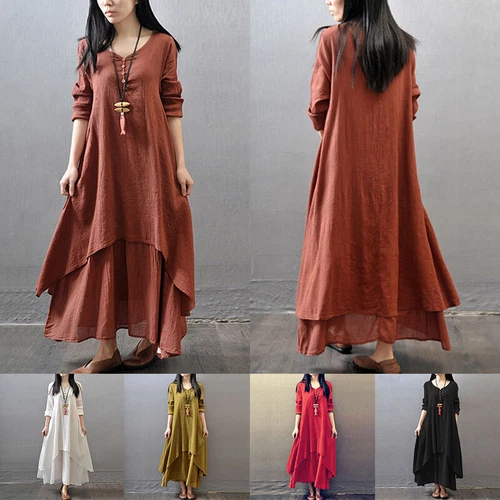 Womens Boho Cotton Linen Dress Long Sleeve Dress Sundress Maxi Dress Casual New - Picture 4 of 23