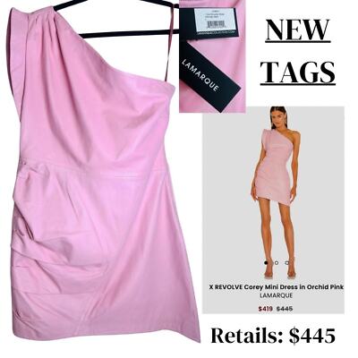 NEW $445 Lamarque Orchid Pink Leather Mini One Shoulder Asymmetrical Corey Dress