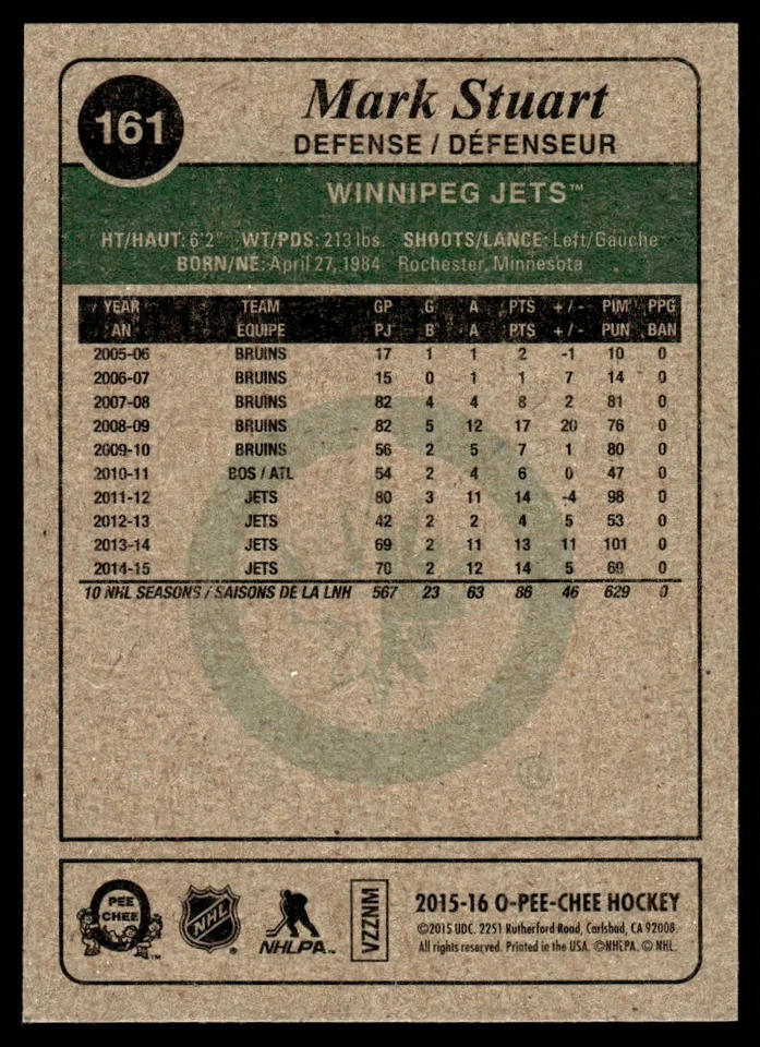 2015-16 O-Pee-Chee Retro Mark Stuart Winnipeg Jets #161 - Image 2 of 2