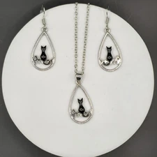 Silver Cute Sitting Black Cat Earrings Necklace Jewelry Set Cat Mom Lover Gothic