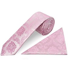 Image of Dusty Pink Paisley Skinny Men's Tie and Pocket Square Set Slim Tie Wedding Tie