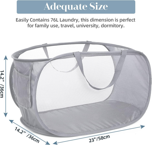 Collapsible Mesh Laundry Basket, Foldable Clothes Hamper, Grey, with Side Pocket - Picture 3 of 6