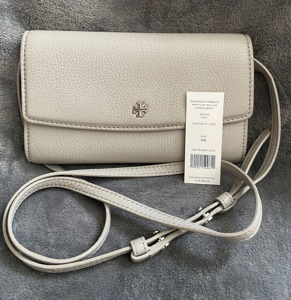 Tory Burch Robinson 迷你翻盖钱包斜挎包混凝土灰色带标签 VGC — 第 2/4 张图片