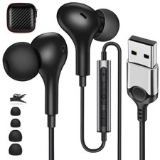 AIAUXAI USB Earbuds with Microphone for PC Laptop,Wired USBA Black