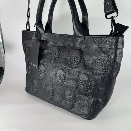 IO Pelle Italia Umhängetasche Totenkopf schwarz 14x10x6 Base Leder Italien 552/R Neu mit Etikett - Bild 6 von 11