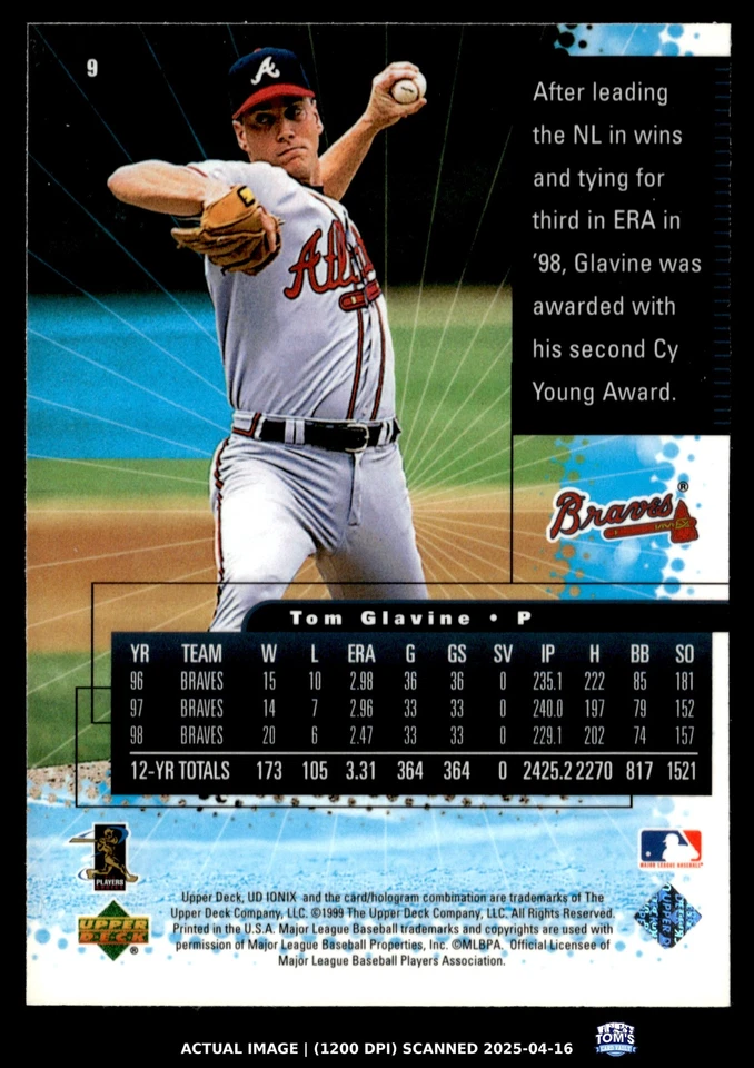 1999 UD Ionix #9 Tom Glavine HOF Atlanta Braves - Image 2 of 2