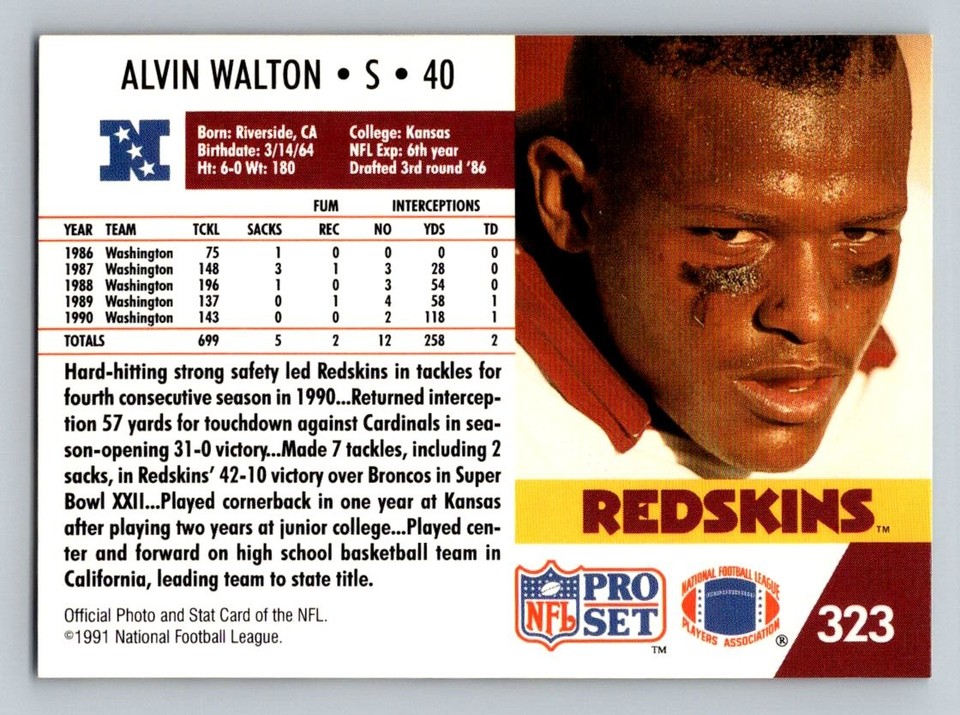 1991 Pro Set Alvin Walton #323 Washington Redskins | eBay
