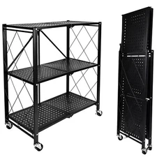 3 Tier Folding Storage Rack Heavy Duty Metal Bookshelf Shelving Unit with Wheels