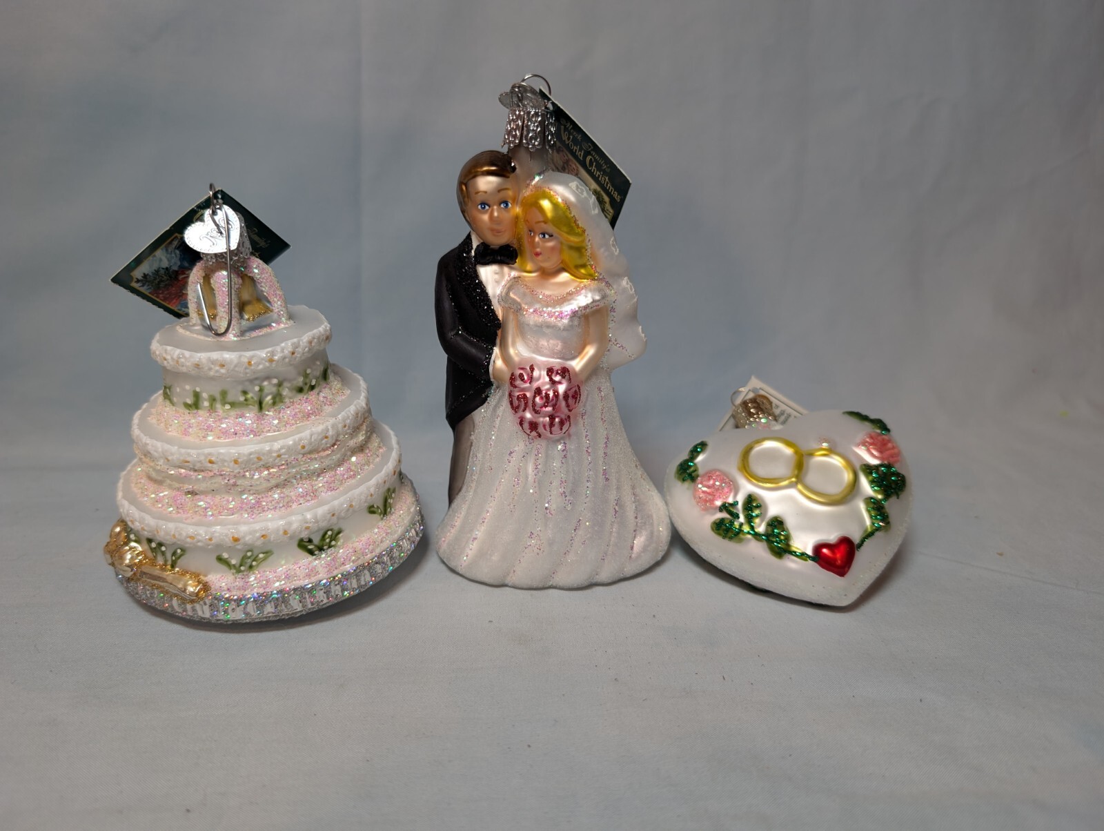Old World Christmas Ornaments Bridal Couple, Cake And Heart With Rings New W Tag