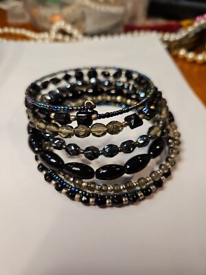 Glass  Beaded  Wrap Around Braclet   Memory Wire All One Piece Blue Black Gray 