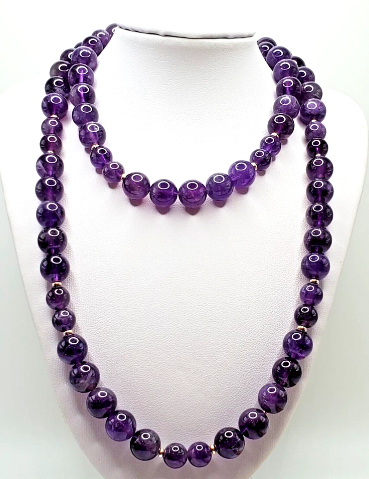 美丽全新 30 英寸正品天然紫水晶和 14K 金圆形无尽项链 — 第 2/4 张图片