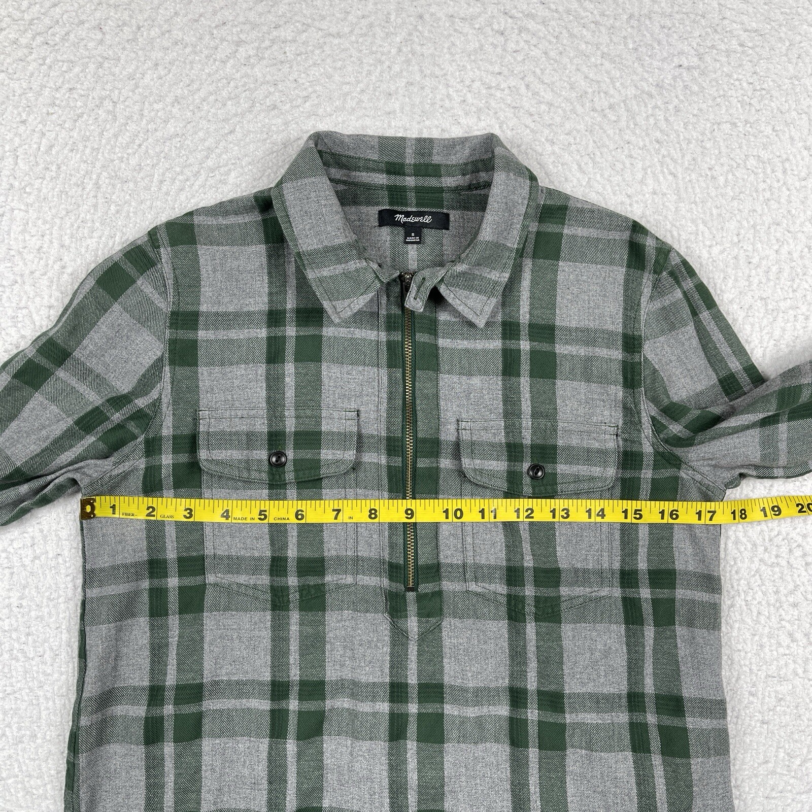 Madewell Shirt Womens Small Gray Green Washburn Plaid Flannel Zip Loop Collar
