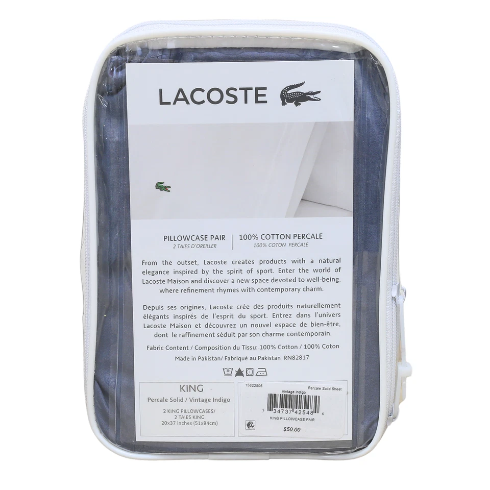 Lacoste 100% Cotton Percale Solid King Pillowcase Pair Vintage Indigo - Image 2 of 4