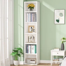 Narrow Bookcase Bookshelf Freestanding Wood Corner Storage Shelves Space Saving