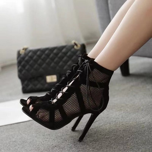 2025 Schwarze Mesh Mode Stiletto Cross Strap Sexy 10cm High Heels Sandalen Pumps - Bild 2 von 5