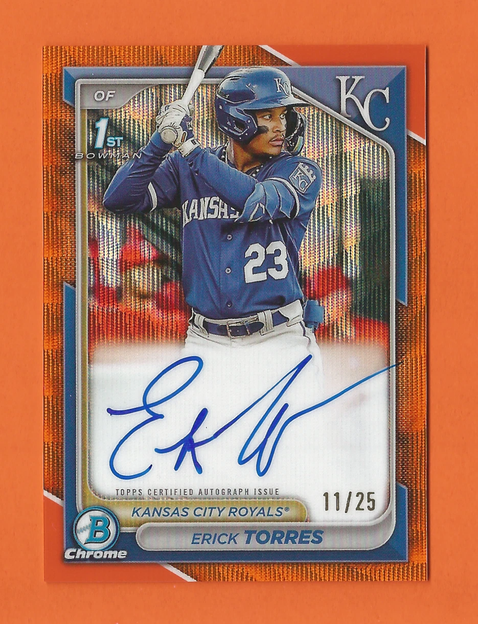 2024 BOWMAN CHROME PROSPECT ORANGE SHIMMER 1st ERICK TORRES AUTO # /25 SP ROYALS
