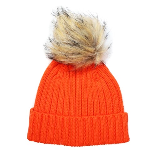 Blaze Orange Ribbed Knit Faux Fur Pom 