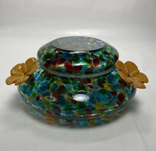 Art Glass Hummingbird Feeder Table Top Multi Color Three Metal Flowers