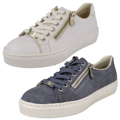 LADIES RIEKER L59L1 WHITE LACE UP LEATHER CASUAL SHOES FLATFORM TRAINERS SIZE