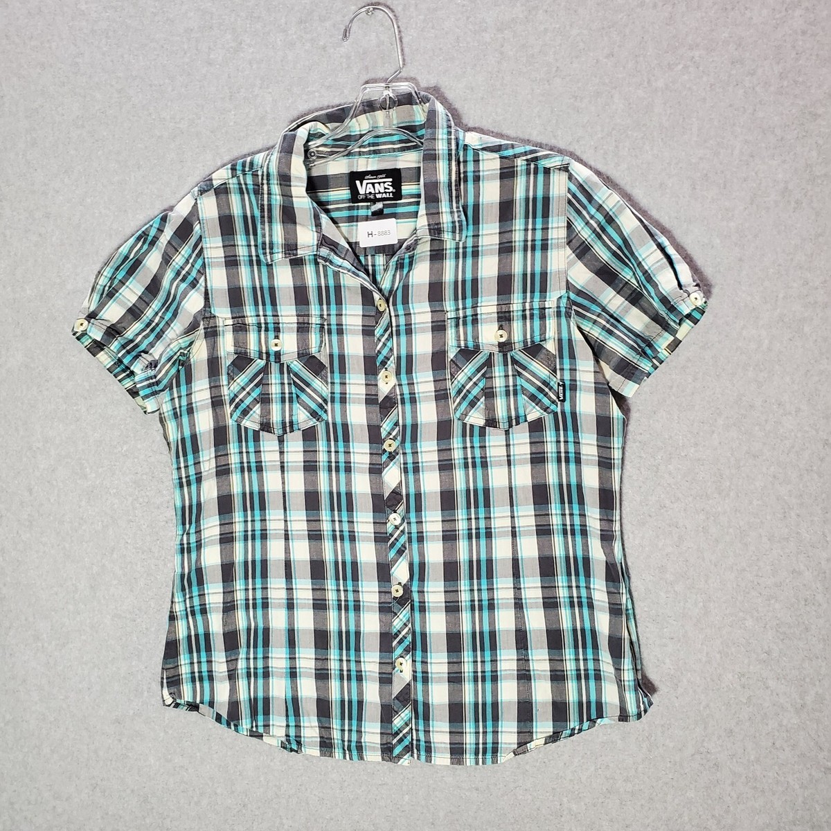 VANS Girls Top XL Green Plaid Western Button Up Collar Short