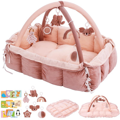 5-In-1 Baby Play Gym and Tummy Time Mat, 12 Learning Cards, Plush Activity Mat w