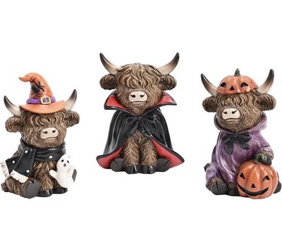 Valery Madelyn Halloween Highland Cow Figurine Set Witch Vampire Tabletop Decor