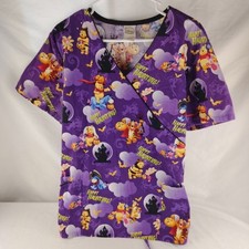 Disney Winnie the Pooh Halloween Purple Scrub Top Women's XLg Happy Haunting