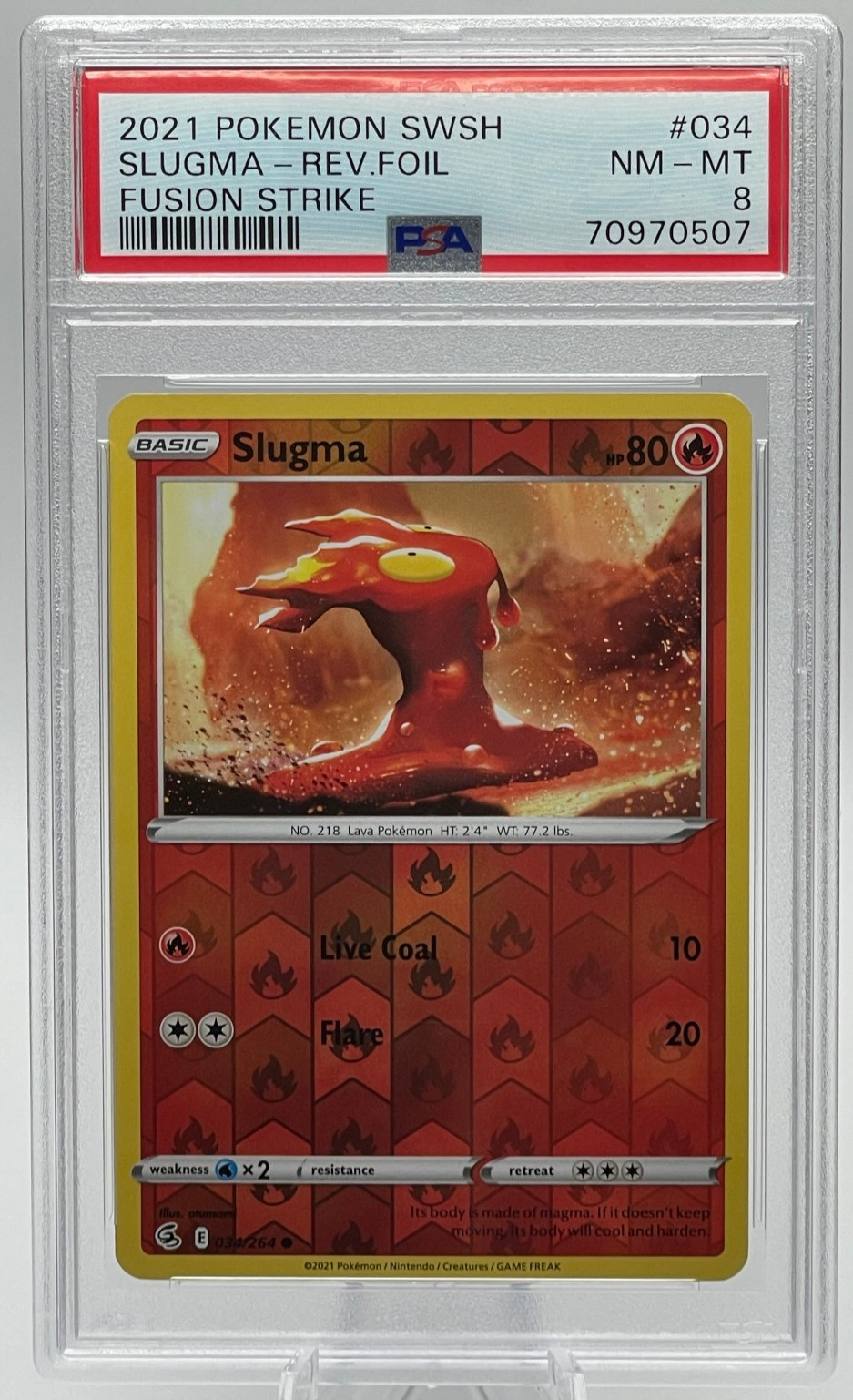 2021 POKEMON SWORD & SHIELD FUSION STRIKE #034 SLUGMA REVERSE FOIL PSA 8 NM-MT