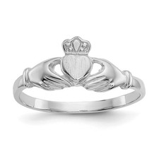 14k White Gold Polished and Satin Claddagh Ring Size 6.5
