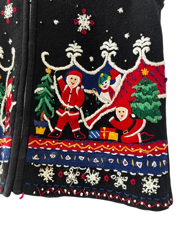 Épico Vintage Navidad Suéter Chaleco Tejido Santa Cárdigan Muñeco de Nieve Árboles Foto 3 de 4