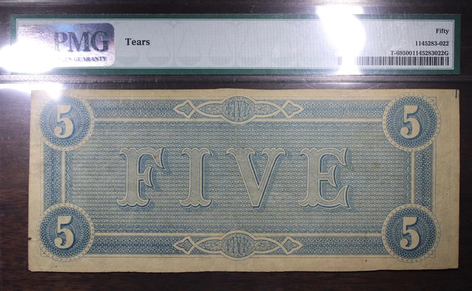 1864 $5 Confederate States Of America T-69 PMG 50 Tears - Image 2 of 2