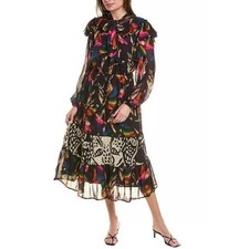 Farm Rio Tiered Midi Dress Long Sleeve Ruffle Neck Multicolor Print Boho Chic