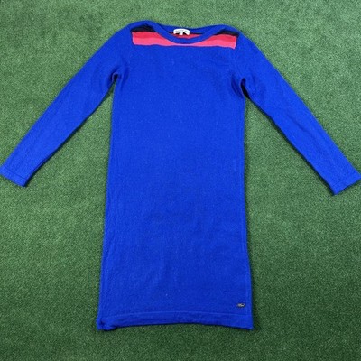 Lacoste Womens Jumper Blue Cotton Knit Crew Neck Size 36 Ribbed Collar
