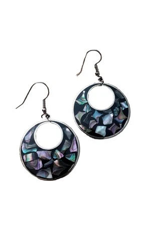 70's Mexican Alpaca Silver Inlaid Abalone Shell & Black Enameled Dangle Earrings