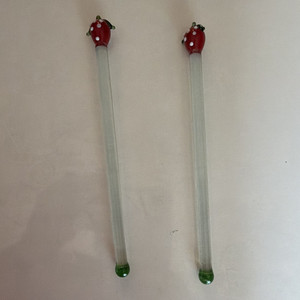 Set of 2 Glass Strawberry Top Swizzle Sticks Polka Dot Red White Green