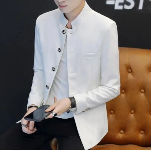 Men's Blazer Casual Chinese Tunic Suit Stand Collar Jackets Coat Single Breasted - Image 4 of 4