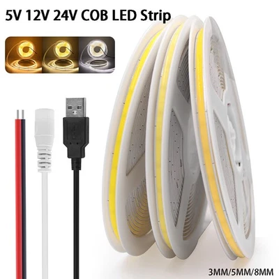 COB LED Streifen 5V 12V 24V 3/5/8mm Lichtband Stripe Lichterkette Selbstklebend - Bild 1 von 4
