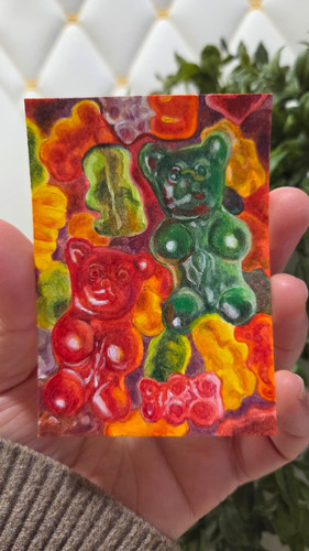 ACEO ATC Original Gummy Bears Painting Hand-Painted Collectible Miniature Signed
