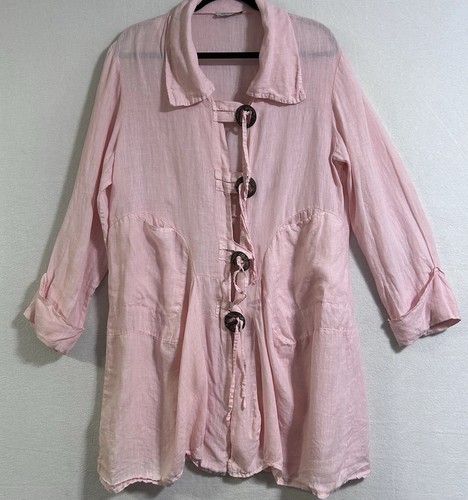 100% Lin Blanc Leinen Bluse Shirt Tunika Jacke Holzknöpfe rosa Lagenlook